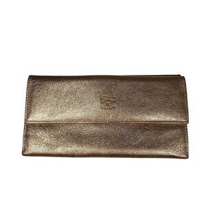 Il Bisonte Womens Metallic Gold Leather Wallet Snap Tri Fold 7.5"W x 4"L